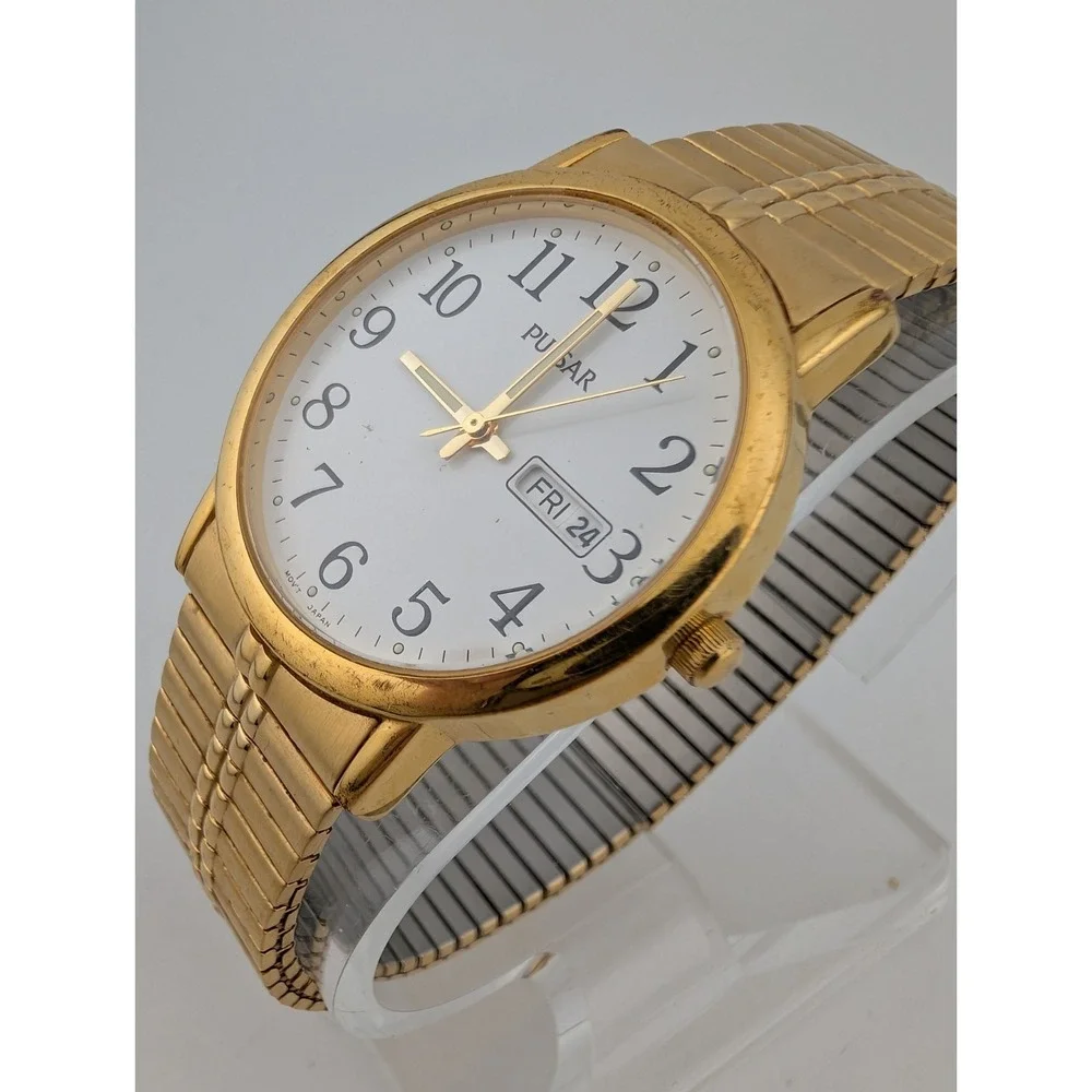 Vtg‎ Pulsar Watch Men 35mm Case Gold Stretch Band VX33-X079 New Battery